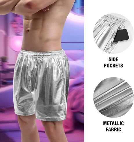 Mens Metallic Shorts 5.5 in Inseam Drawstrang Rave Shorts with Pocket in Saudi Arabia
