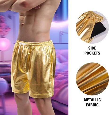 Mens Metallic Shorts 5.5 in Inseam Drawstrang Rave Shorts with Pocket in Saudi Arabia