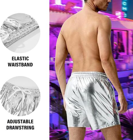 Mens Metallic Shorts 5.5 in Inseam Drawstrang Rave Shorts with Pocket in Saudi Arabia