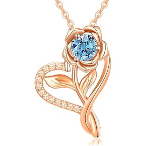 Rose Heart Birthstone Necklaces for Women, 925 Sterling Silver Heart Pendant Necklace Birthday Anniversary Valentines Jewelry Gift for Women Wife Mom Girlfriend Daughter Lady