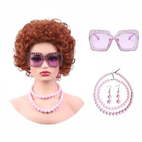 Short Curly Women Wig for Mrs Roper cosplay with Pink Earrings and Necklace and Sunglasses Halloween Costume Wear Wigs
