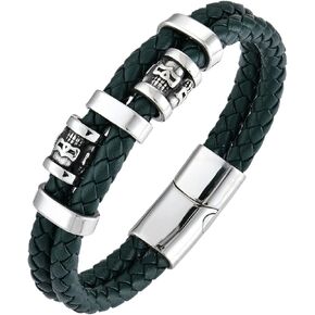 STARCHENIE Mens Black Braided Leather Bracelet, Stainless Steel Skull Double Layered Bracelet, Punk Rock Jewelry