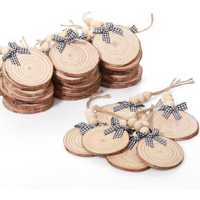 36 Pcs Wooden Christmas Ornament 2.8 to 3.2 Inch Craft Wood Kit Natural Wood Slices with Natural Beads Round Wood Beads and Black and White Bow for Arts and Crafts Christmas Ornaments (Classic Style)
