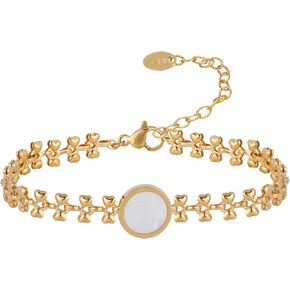 Gold Bracelet for Women, White Sea Shell Round Plaque Decoration 18K Gold Plated Heart Chain Lobster Clasp Womens Bracelet