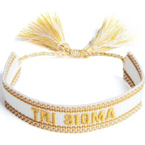 Sorority Shop Sigma Sigma Sigma Bracelet — Woven Bracelet, White and Gold Design with Tri Sigma Sorority Name and Tassels, Greek Sorority Jewelry and Big Little Sorority Gifts