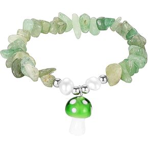 POYAMUSE Natural Purple Crystal Gemstone Bracelet, Beaded Mushroom Charm Bracelet for Women, Adjustable Green Crystal Boho Bracelet for Women