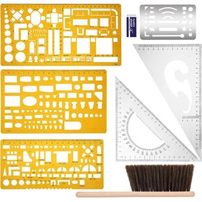 Eaasty Architectural Templates, Plastic Drawing Template Ruler Geometric Drawing, Dusting Brush, Drafting Brush, Eraser Architect Scale Measuring Templates Building Geometric Kit for Drafting