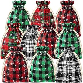 Shappy 25 Pieces Christmas Drawstring Bags with Snowflake Pattern Buffalo Plaid Favor Bags Linen Cloth Gift Treat Bag for Christmas Birthday Party (4 x 6 Inches)
