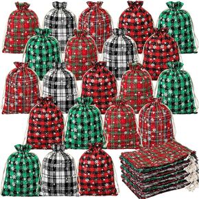 Shappy 25 Pieces Christmas Drawstring Bags with Snowflake Pattern Buffalo Plaid Favor Bags Linen Cloth Gift Treat Bag for Christmas Birthday Party (4 x 6 Inches)