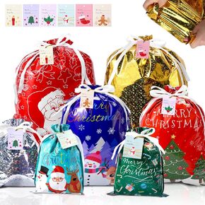 32PCS Christmas Drawstring Gift Bags, Thicken Drawstring Christmas Gift Bags with Tags Christmas Bags for Holiday Presents, Reusable Christmas Gift Bags Assorted Size for Christmas Party Supplies