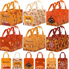 MIMIND 18 Pieces Thanksgiving Non-Woven Tote Bags Turkey Pumpkin Fall Party Gift Bags with Handles Thanksgiving Day Treat Bags Reusable Grocery Goodie Shopping Bags for Fall Thanksgiving Party Favors