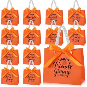 Tenceur 25 Sets Thanksgiving Gift Bags Friendsgiving Party Favor Orange Gift Bags with Handles Small Candy Bag with Bow Ribbon Friends Thanks Giving Party Gift Bag for Friend Guest, 5.51x4.72x2.36''