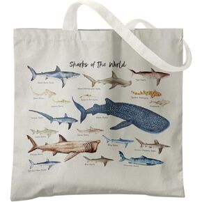 Sea Animal Canvas Tote Bag For Women,Sea Turtle Sharks of The World Decoration Canvas Tote Reusable Shopping Bag