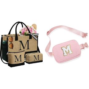 YOOLIFE 3 Pcs Initial Jute Tote Bag & Initial Belt Bag Crossbody Fanny Pack Personalized Gifts for Women Teen Girls