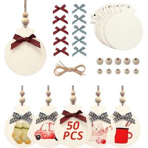 50Pcs Wood Slice Ornaments, 3.5" Blank Wooden Christmas Ornaments to Paint, Unfinished Predrilled Wood Circles for Crafts with Buffalo Plaid Bows and Beads, DIY Round Wooden Discs Hanging Decor
