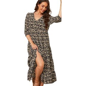 Beautiful Nomad Women's Casual V Neck Boho Dress Puff Sleeve High Waist Floral Smocked Flowy Ruffle Midi Dresses