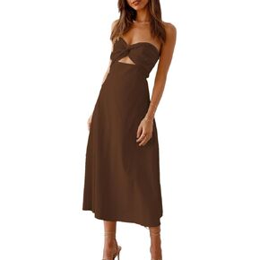 Fiemaoves Sexy Twist Front Strapless Sweetheart Neckline Midi Dresses for Women Smocked Cutout Tube Linen Dress Wedding Guest
