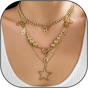 3Pcs Y2k Layered Star Pearl Necklace Sets for Women Teen Girls,14K Gold Link Chains Beaded Aesthetic Choker Necklace Party Prom Trendy Adjustable Jewelry