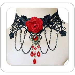 Gothic Victorian Style Vampire Choker Necklace for Women Black Crystal Tassel Lace Collar Necklace Halloween Punk Black Sexy Lace Necklace Halloween Cavewoman Costume