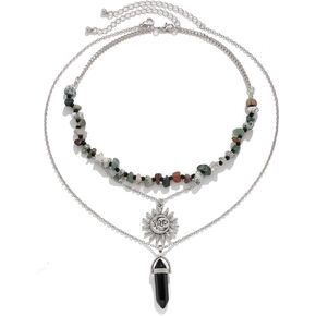 Boho Necklace Healing Nature Crystal Necklace Hippie Necklaces Layering Necklaces Moon Sun Star Pendant Choker Necklace Gothic Jewelry For Women