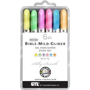 G.T. Luscombe Company, Inc. Bible Mild-Glider Gel Highlighter, Bible Study, No Bleed Solid, No Smearing or Fading, Long Lasting, Translucent Dry Marker, Assorted Colors 6 Piece Set