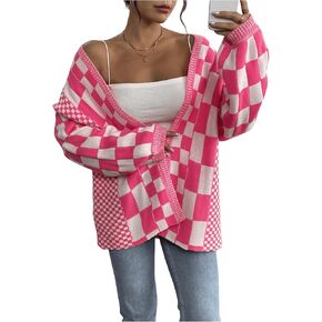 MakeMeChic Women's Checkered Cardigan Sweater Long Sleeve Open Front Oversized Cardigans