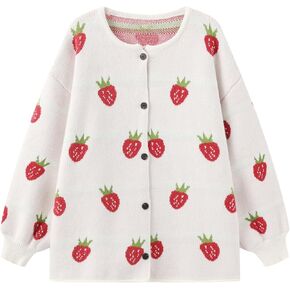 Women's Kawaii Strawberry Knit Oversized Sweater Cute Cardigan Open Front Aesthetic for Teen Girls Y2k Korean Jacket Tops
