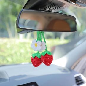 2 Pack Cute Handmade Strawberry Hanging Ornament for Car Rearview Mirrior Decor,Crochet Strawberry Car Hanging Charms Auto Interior Knitting Hanging Accessories for Women (Pink)