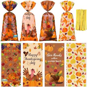 Hotop 100 Pcs Thanksgiving Cellophane Bags Fall Maple Leaf Pumpkin Gift Treat Bag Goodie Candy Bags with 150 Twist Ties Party Supplies for Autumn Thanksgiving Party Serves Decor (4 Styles)