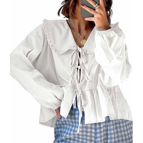 Tankaneo Womens Tie Front Tops Casual Babydoll Long Sleeve Blouses Peplum Cotton Bow Shirts