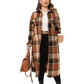 CYCLAMEN 2024 Women's Plus Size 1X-5X Long Flannel Plaid Shacket Jacket Calf-Length Button Down Coat Shirt Pocket Fall Winter