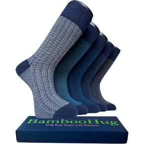 Mens Dress Socks, Crew, Premium Quality, Navy Blue & Black, Socks for Men, Stylish Patterns, Bamboo Socks (5 Pairs, Gift Box)