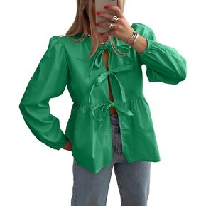 Allimy Womens Self Tie Front Bows Puff Long Sleeve Crewneck Babydoll Peplum Blouses Tops Shirts