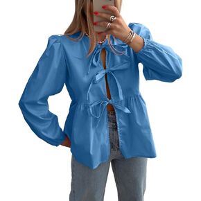 Allimy Womens Self Tie Front Bows Puff Long Sleeve Crewneck Babydoll Peplum Blouses Tops Shirts