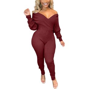 Ophestin Womens Sexy V Neck Solid Color Long Sleeve Ribbed Knit Bodycon Jumpsuit