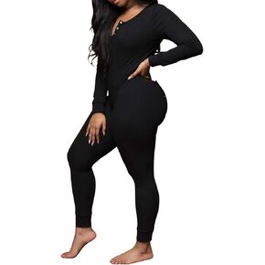 Women's Sexy Deep V Neck Jumpsuit Romper Butt Flap Pajamas Bodycon Bodysuit Long Sleeve One Piece Overall Sleepwear in Kuwait