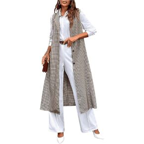 GORGLITTER Women's Plaid Long Blazer Jacket Sleeveless Open Front Vest Cardigans Workout Outerwear
