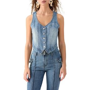 Women Fashion Denim Vest Jean Gilet Slim Fit Button Down V Neck Crop Tops Streetwear Casual Y2K Clothes