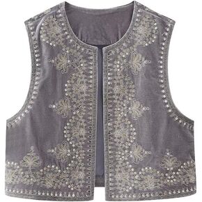 Lordree Women Retro Embroidered Floral Vest Tops Y2k Sleeveless Open Front Crop Vest Vintage Fashion Floral Sleeveless Blazer