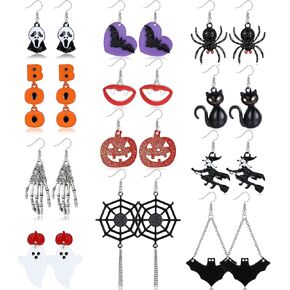 12 Pairs Halloween Earrings for Women Spooky Black Cat Witch Pumpkin Halloween Drop Dangle Earrings Bluk Skull Ghost Spiderweb Boo Cosplay Costume Halloween Jewelry Set