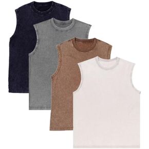 Men's Cotton Muscle Tank Tops Wash Solid Vintage Sleeveless T Shirts Crew Neck Gym Tank Shirts