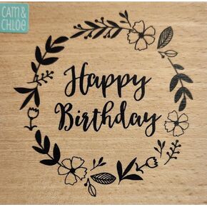 Hampton Art Hot Fudge Studio Cam & Chloe Happy Birthday Wreath Red Rubber Wood Stamp 3.5" x 3.5"