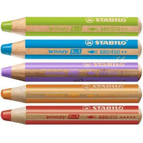 STABILO Multi-talented Pencil woody 3-in-1 - Box of 5 - Red, Orange, Leaf Green, Cyan Blue & Lilac + Sharpener