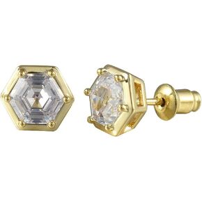 [RIZILIA BEEHIVE] Hexagon Pierced Stud Earrings with Custom-Cut 2CT 6mm Gemstone [White Cubic Zirconia] in 18K Gold Plated
