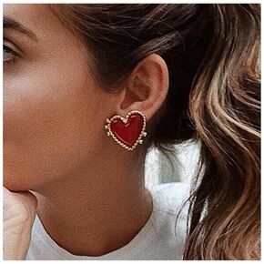 Boho Enamel Heart Stud Earrings Red Resin Heart Earrings Love Heart Earrings Large Heart Red Earrings Jewelry for Women and Girls