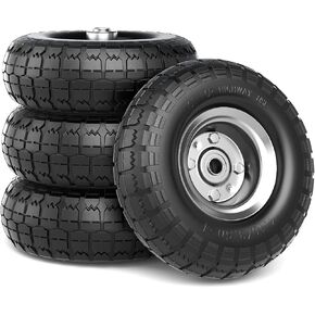 4.10 3.50-4 Tire and Wheel, 10 Inch Flat Free Tires 4 Pack with 5/8" Axle Bore Hole and Double Sealed Bearings, for Dolly Tires/Hand Truck Tires/Dump Cart Tires