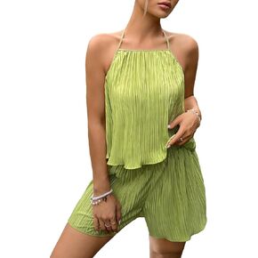 WDIRARA Women's Two Piece Textured Halter Neck Sleeveless Top and Shorts Ruched Lettuce Trim Clothing Set