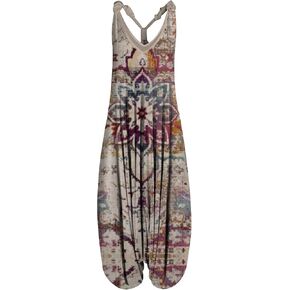 Gihuo Harem Jumpsuit for Women Boho Floral Beach Tie Dye Backless Jumpsuit Rompers