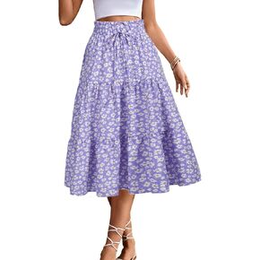 BARASA Summer Women's Midi Skirts Boho High Elastic Waist Fake Drawstring Floral Print A line Casual Cute Skirt D626
