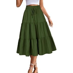 BARASA Summer Women's Midi Skirts Boho High Elastic Waist Fake Drawstring Floral Print A line Casual Cute Skirt D626 in Kuwait